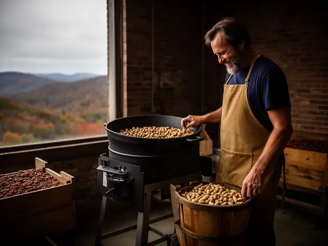 A man beside new equipment in a small peanut and pecan roasting business.