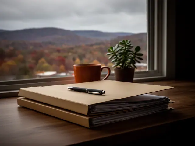 A neat stack of closed manila folders and a pen on a desk by a window.