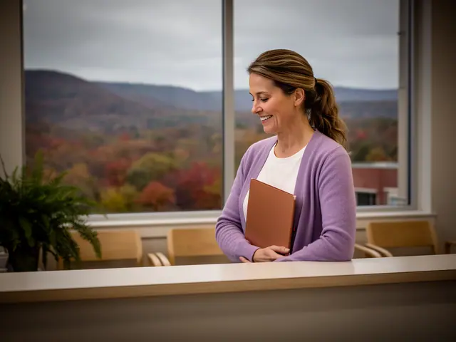 A clinic office manager holding a folder behind a reception counter.