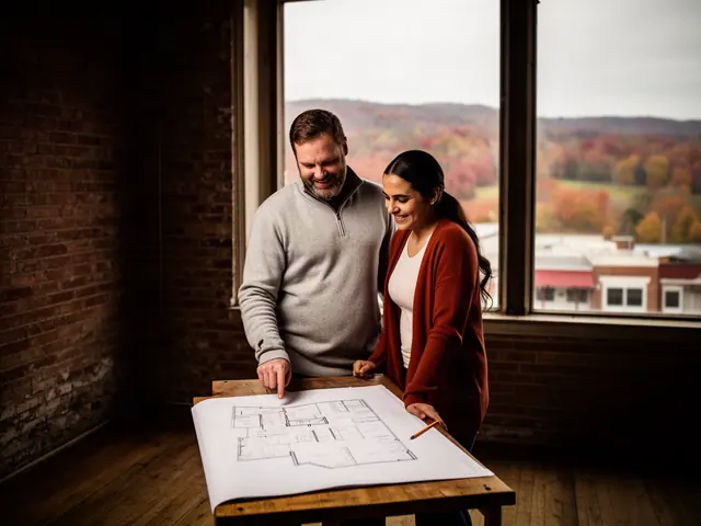 Two business partners looking over a pencil floor sketch in an empty storefront.
