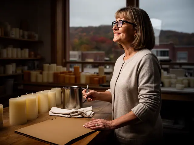 A woman with a dark-blonde bob and black-framed glasses at a work table with a closed folder in a small candle-making studio.